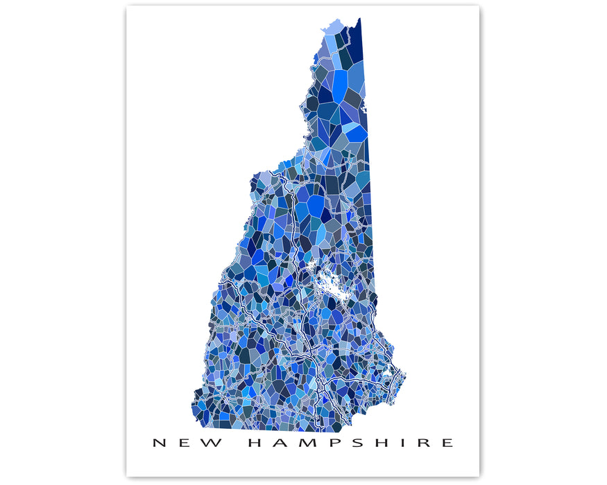New Hampshire state map art print in blue shapes designed by Maps As Art.