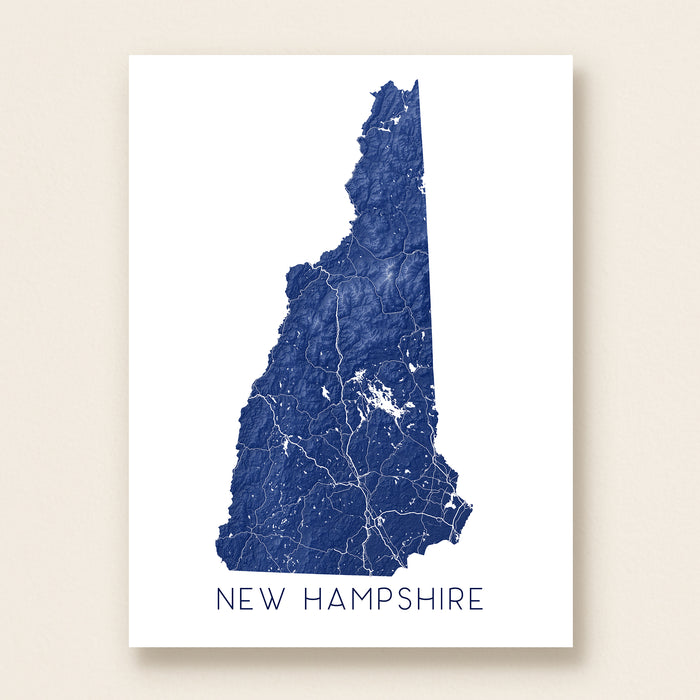 Map of New Hampshire in blue on a white background