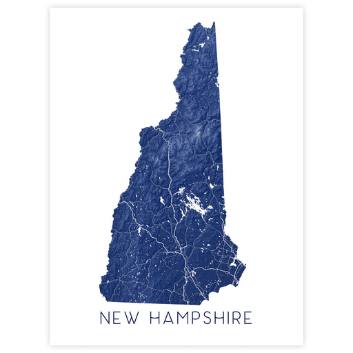 Map of New Hampshire in blue on a white background