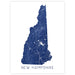 Map of New Hampshire in blue on a white background