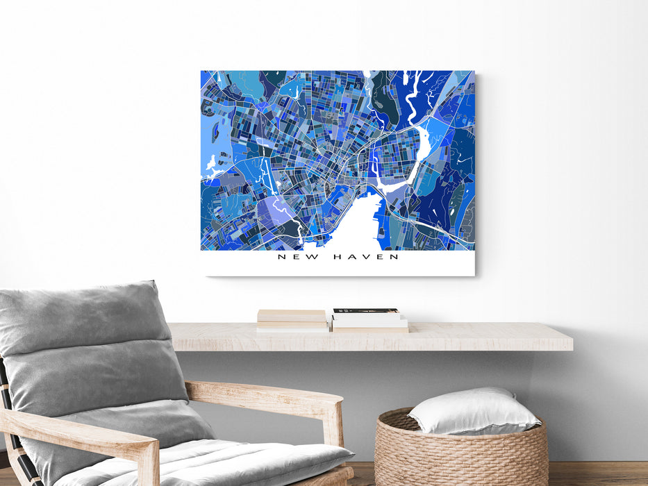 New Haven, Connecticut map art print in blue shapes designed by Maps As Art.