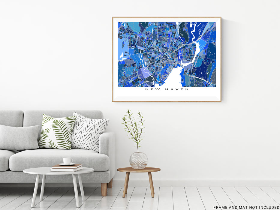 New Haven, Connecticut map art print in blue shapes designed by Maps As Art.