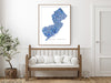 New Jersey state map art print in blue shapes designed by Maps As Art.