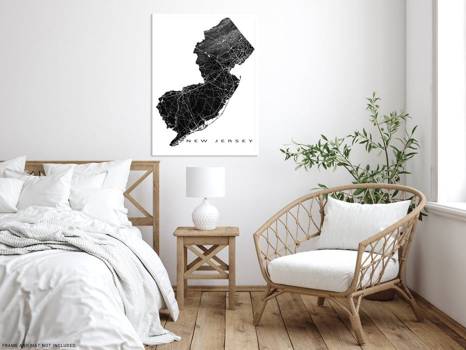 New Jersey state map print with natural landscape and main roads designed by Maps As Art.