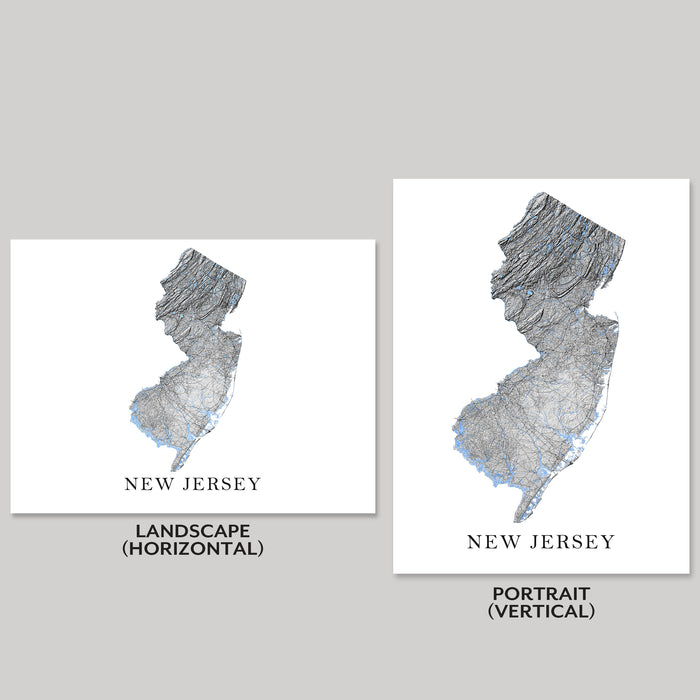 Two maps of New Jersey, one landscape and one portrait, on a gray background.