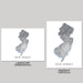 Two maps of New Jersey, one landscape and one portrait, on a gray background.