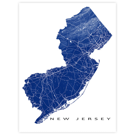 Map of New Jersey in blue on a white background