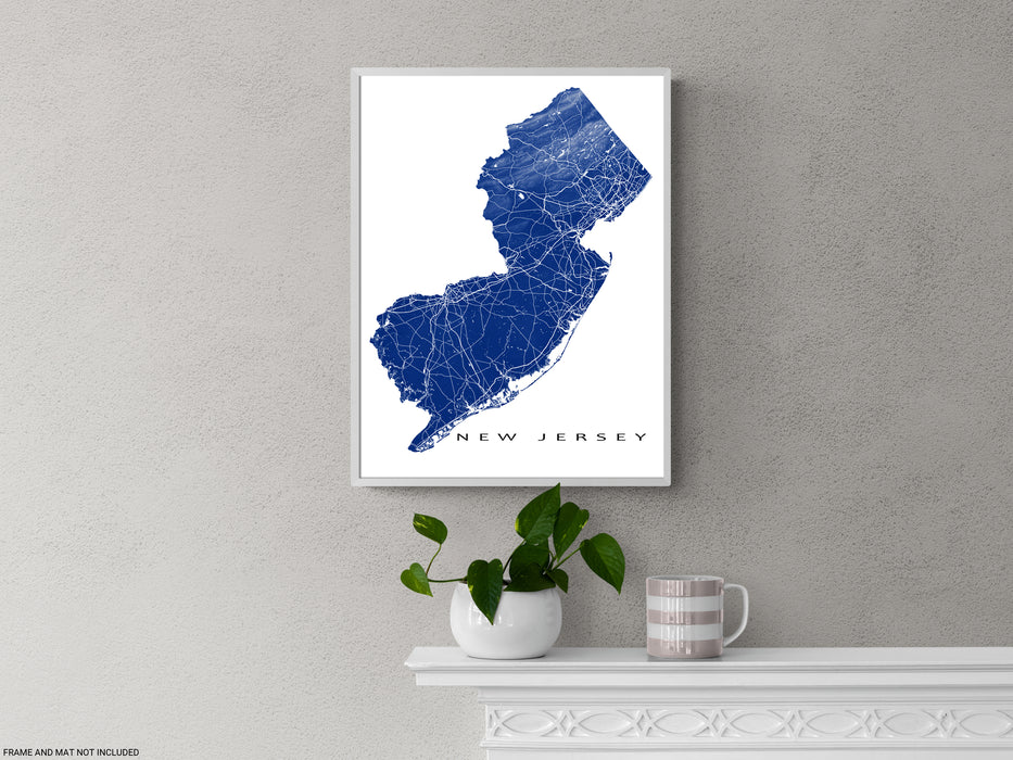 New Jersey state map print with natural landscape and main roads designed by Maps As Art.