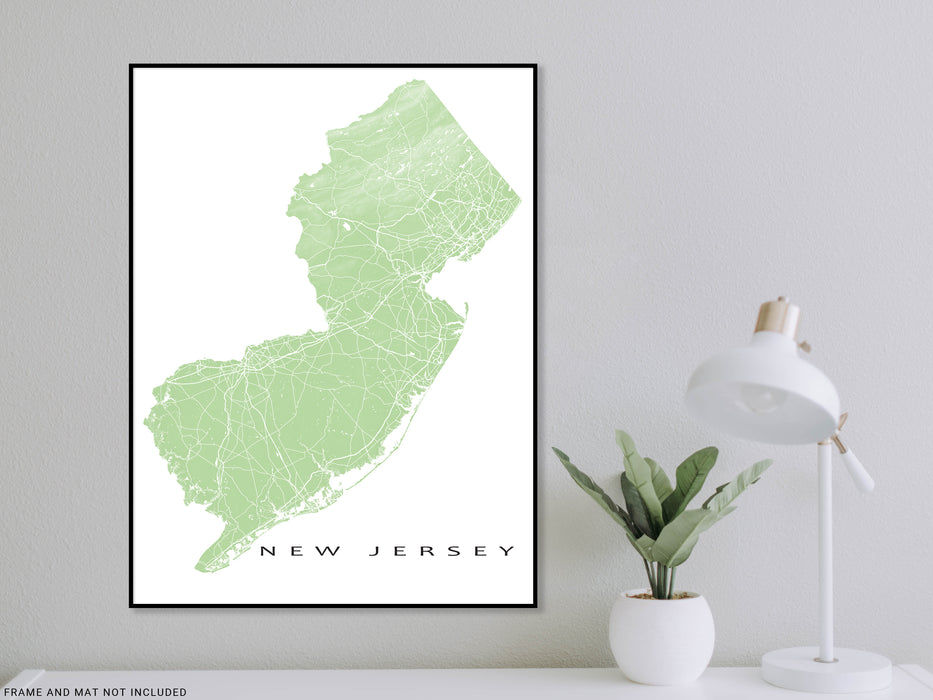 New Jersey state map print with natural landscape and main roads designed by Maps As Art.