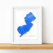 Framed map of New Jersey with blue lines on a white background