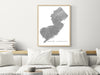 New Jersey state map print with natural landscape and main roads designed by Maps As Art.