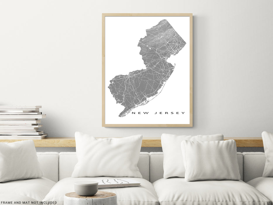 New Jersey state map print with natural landscape and main roads designed by Maps As Art.