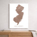 Map of New Jersey on a white wall above a wooden shelf.