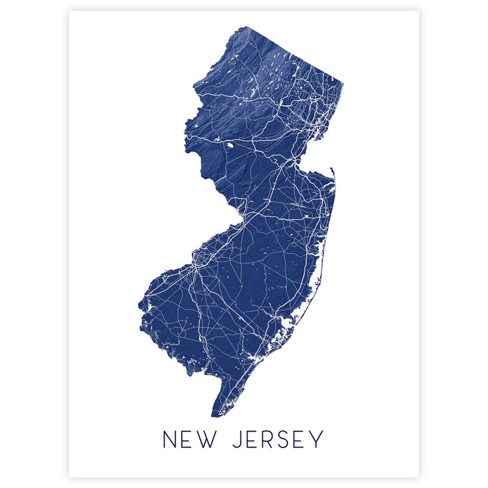 Map of New Jersey in blue on a white background