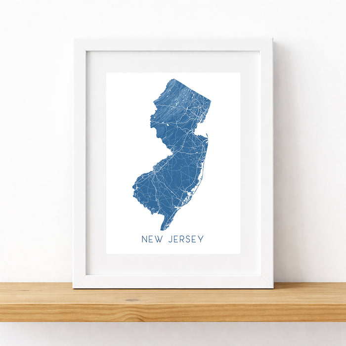 Framed map of New Jersey on a white wall