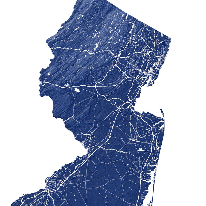 Map of New Jersey with roads and topography in blue on a white background