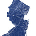 Map of New Jersey with roads and topography in blue on a white background