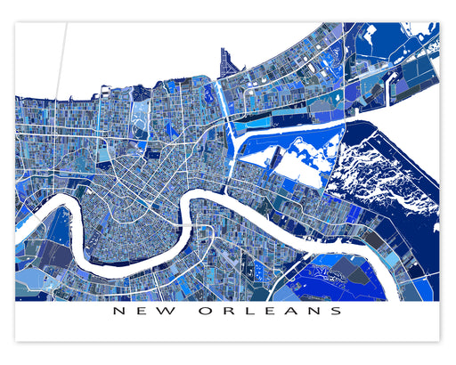 New Orleans, Louisiana map art print in blue shapes designed by Maps As Art.