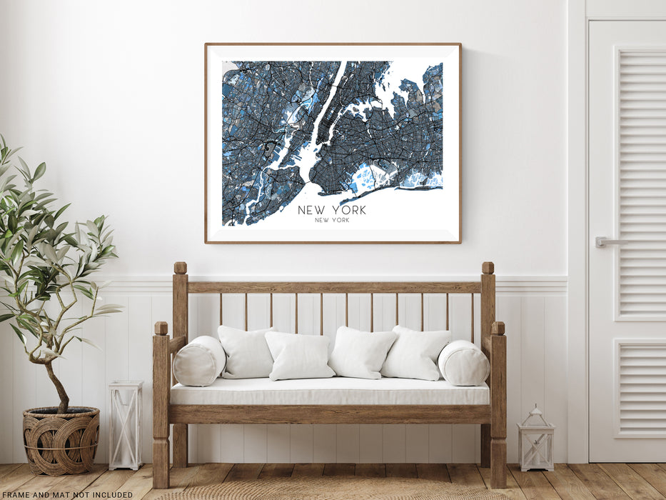New York city map print in a geometric blue shapes design by Maps As Art.