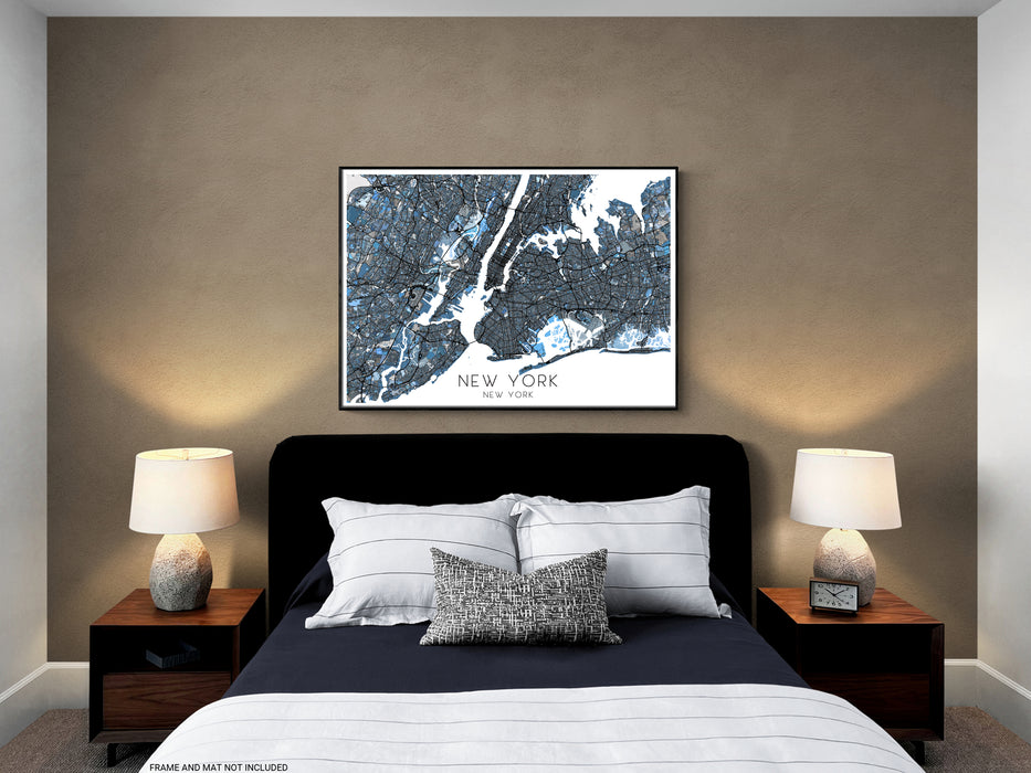New York city map print in a geometric blue shapes design by Maps As Art.
