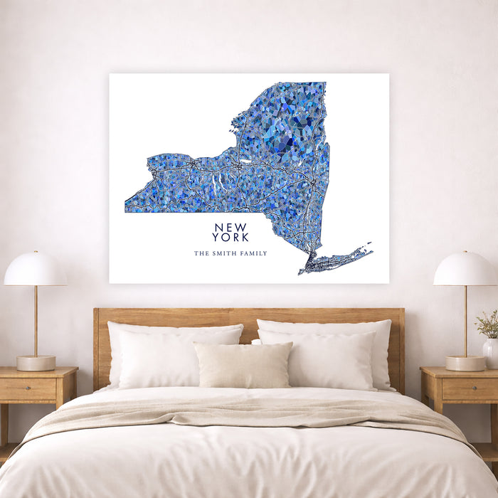 New York State Map Print: Blue Mosaic Line Art Design (Custom Subtitle)