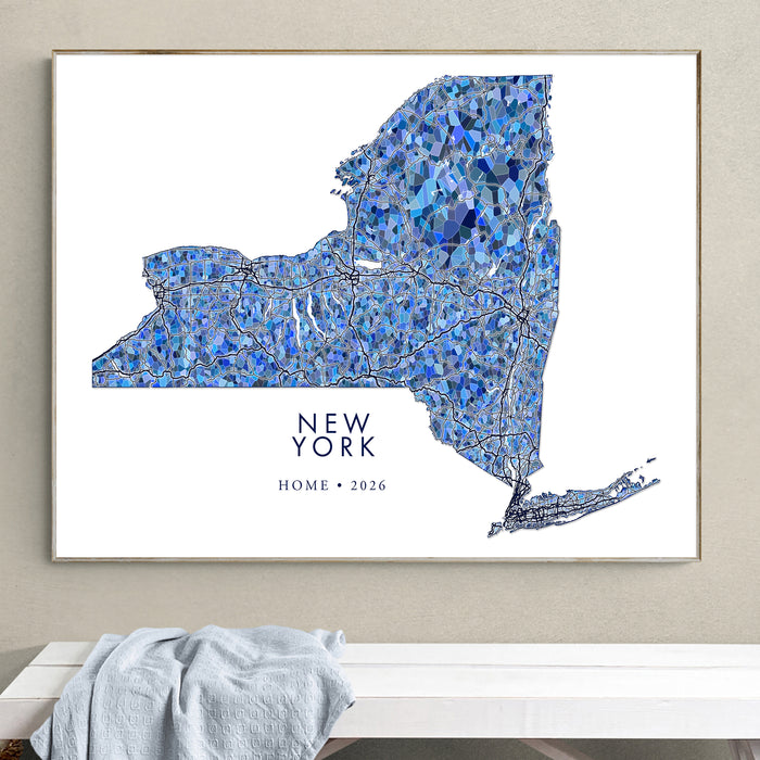 New York State Map Print: Blue Mosaic Line Art Design (Custom Subtitle)