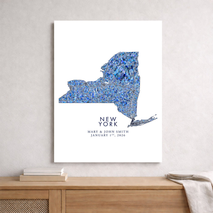 New York State Map Print: Blue Mosaic Line Art Design (Custom Subtitle)