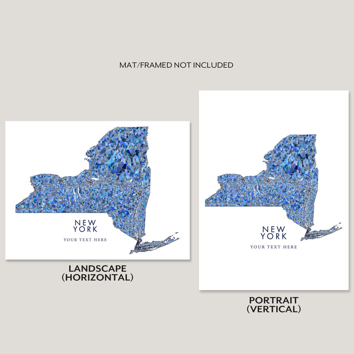 New York State Map Print: Blue Mosaic Line Art Design (Custom Subtitle)