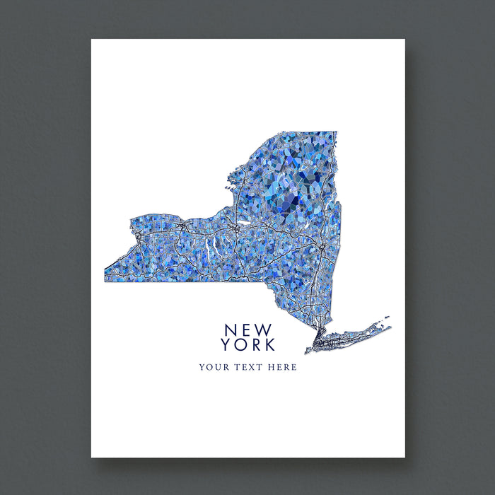 New York State Map Print: Blue Mosaic Line Art Design (Custom Subtitle)