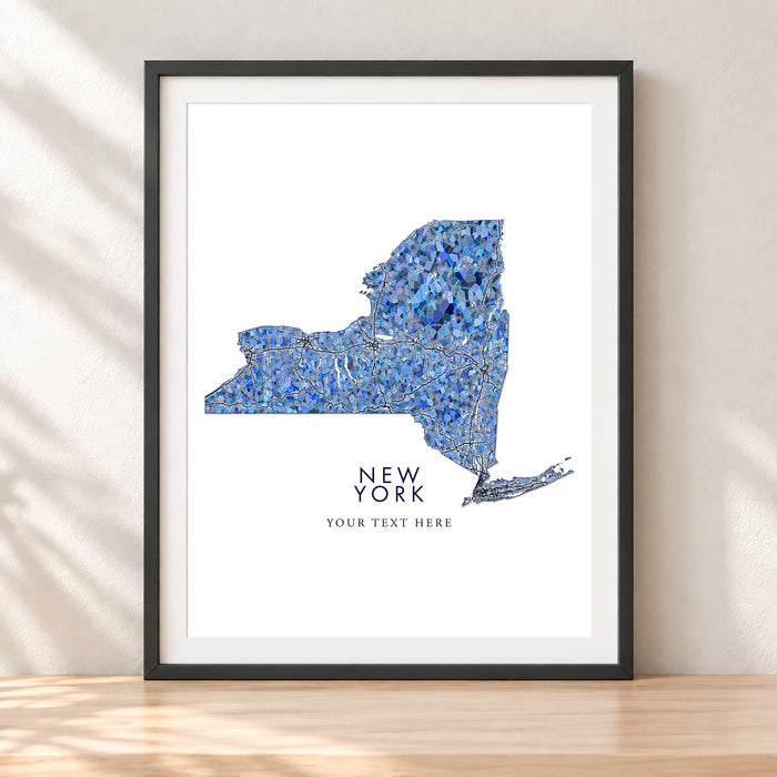 New York State Map Print: Blue Mosaic Line Art Design (Custom Subtitle)