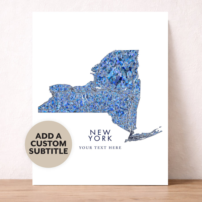 New York State Map Print: Blue Mosaic Line Art Design (Custom Subtitle)