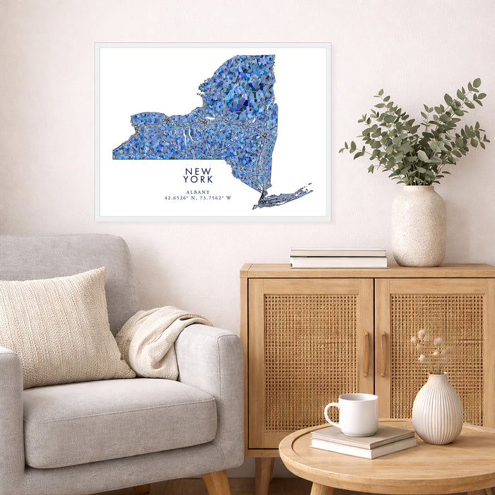 New York State Map Print: Blue Mosaic Line Art Design (Custom Subtitle)