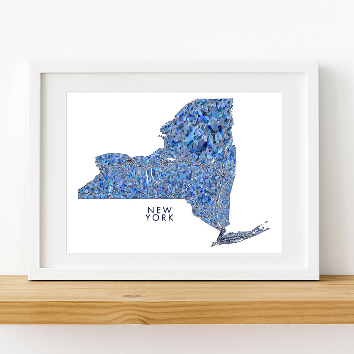 New York State Map Print: Blue Mosaic Line Art Design (Custom Subtitle)