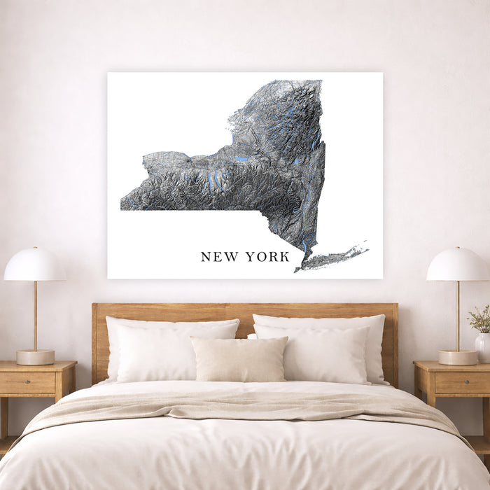 Map of New York on a wall above a bed in a bedroom