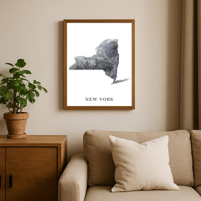 Framed New York map art print on a wall above a sofa with a plant beside it.