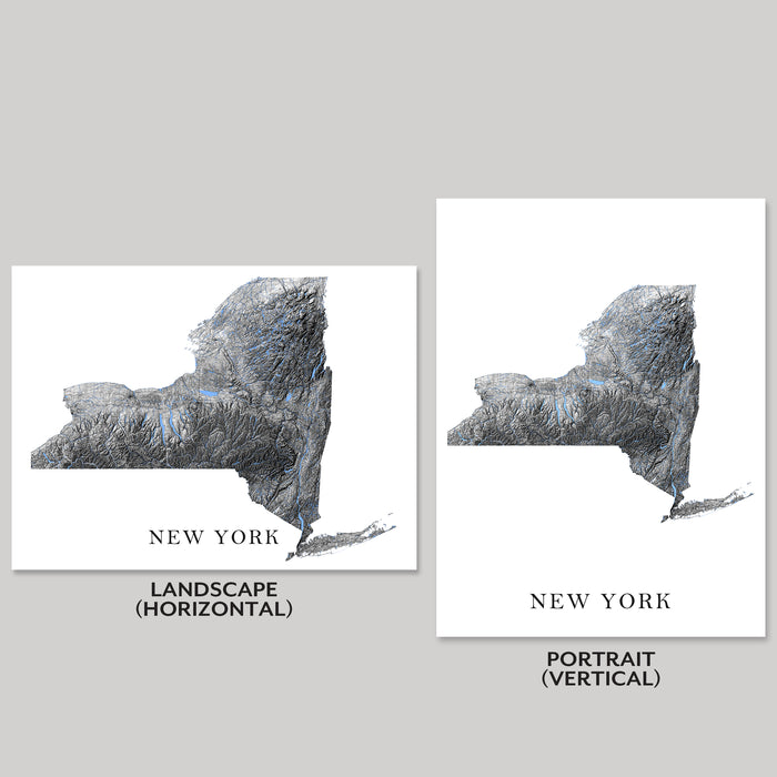 Two maps of New York, one landscape and one portrait, on a gray background.