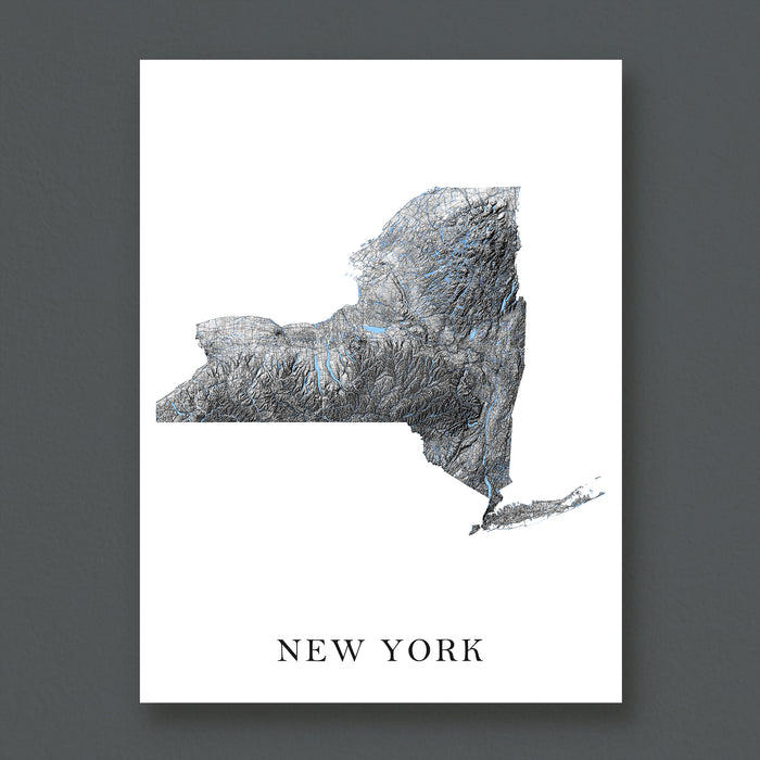 Map of New York state with topographic details on a white background