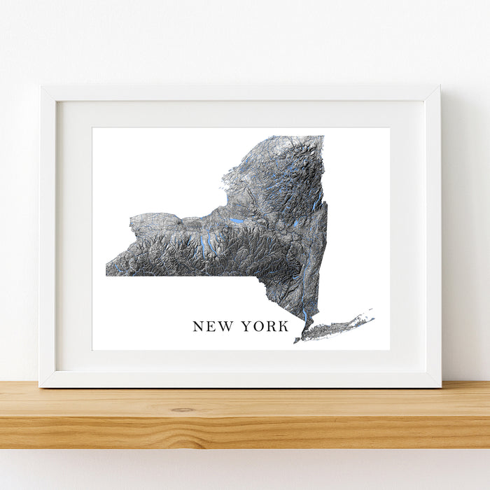 Framed map of New York on a white wall