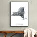 Framed map of New York on a wall above a wooden bench.