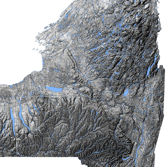 Topographic map of a mountainous region with blue water bodies