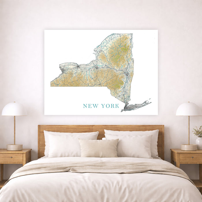 Map of New York on a wall above a bed in a bedroom setting