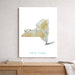 Map of New York state on a wall above a wooden shelf.