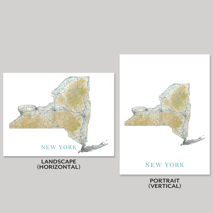 Two maps of New York State, one in landscape horizontal orientation and the other in portrait vertical orientation, on a gray background.
