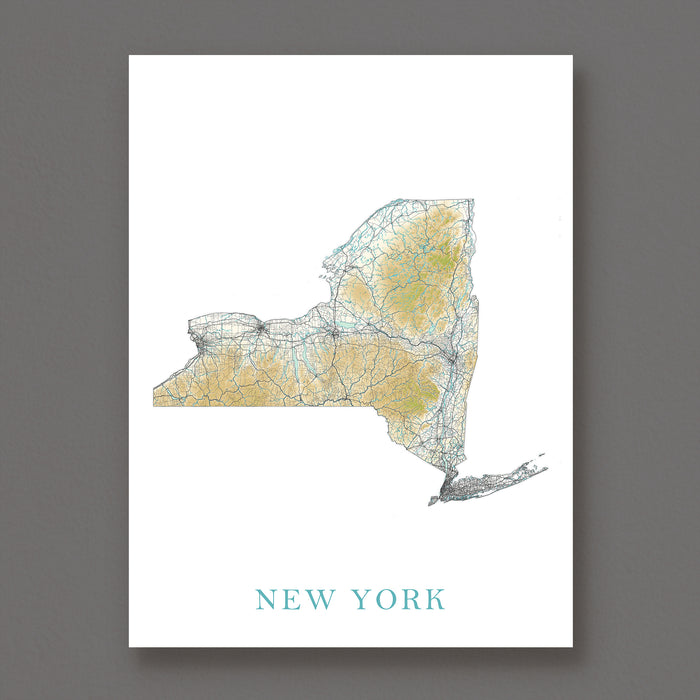 Map of New York state on a white background with 'New York' text below.