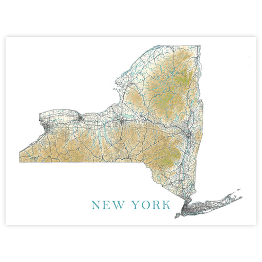 Map of New York state with topographic details on a white background