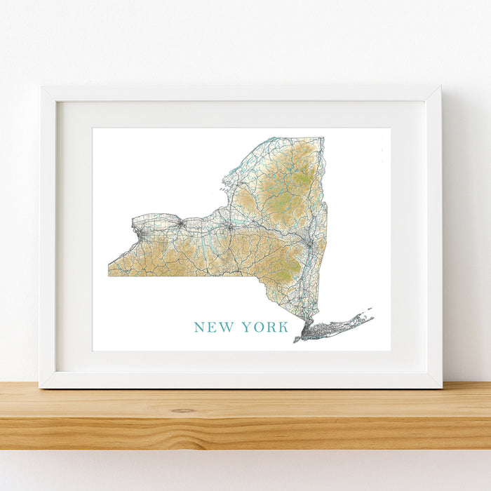 Framed map of New York on a white wall
