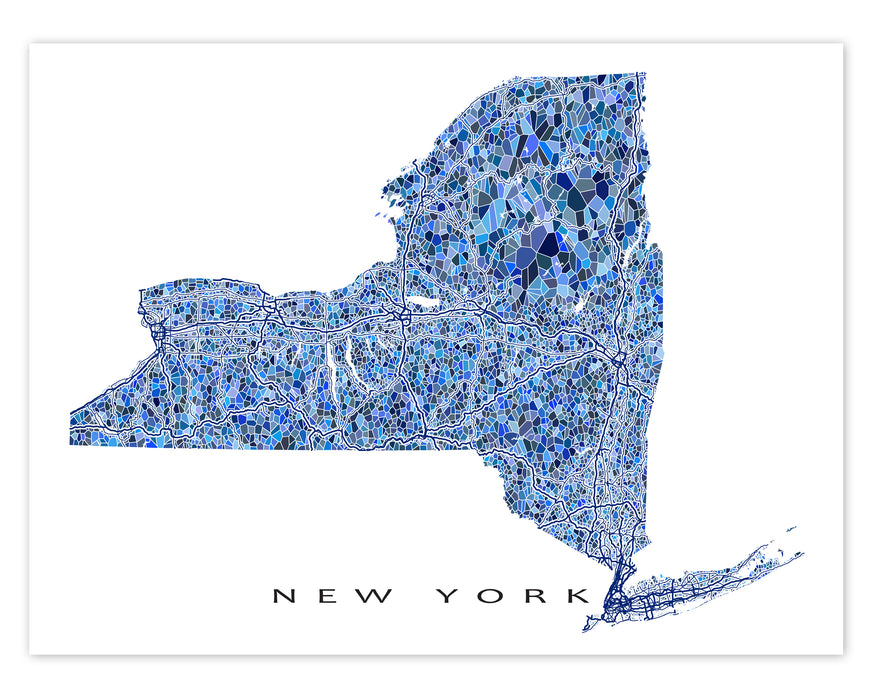 New York state map art print in blue shapes designed by Maps As Art.