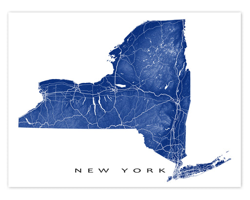 New York state map print with natural landscape and main roads designed by Maps As Art.