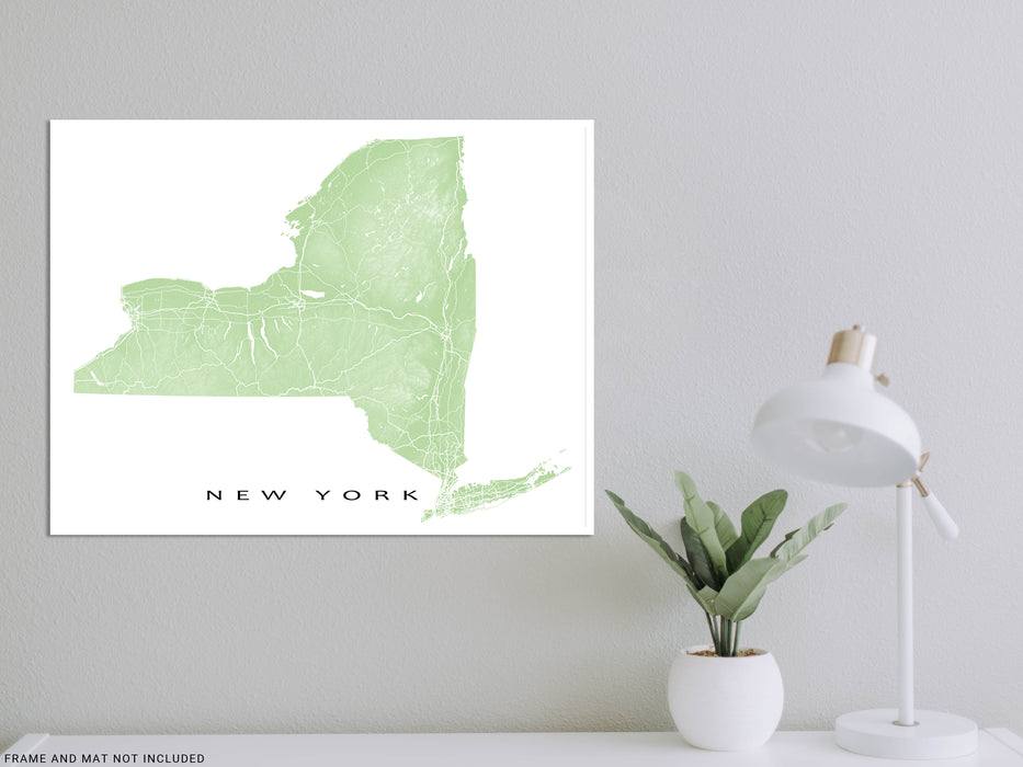 New York state map print with natural landscape and main roads designed by Maps As Art.