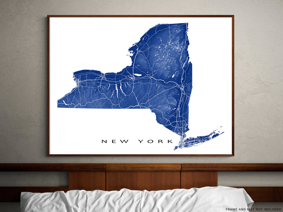 New York State Map Art Print Poster, Topographic Terrain NY Road Maps USA, Buffalo Albany Rochester